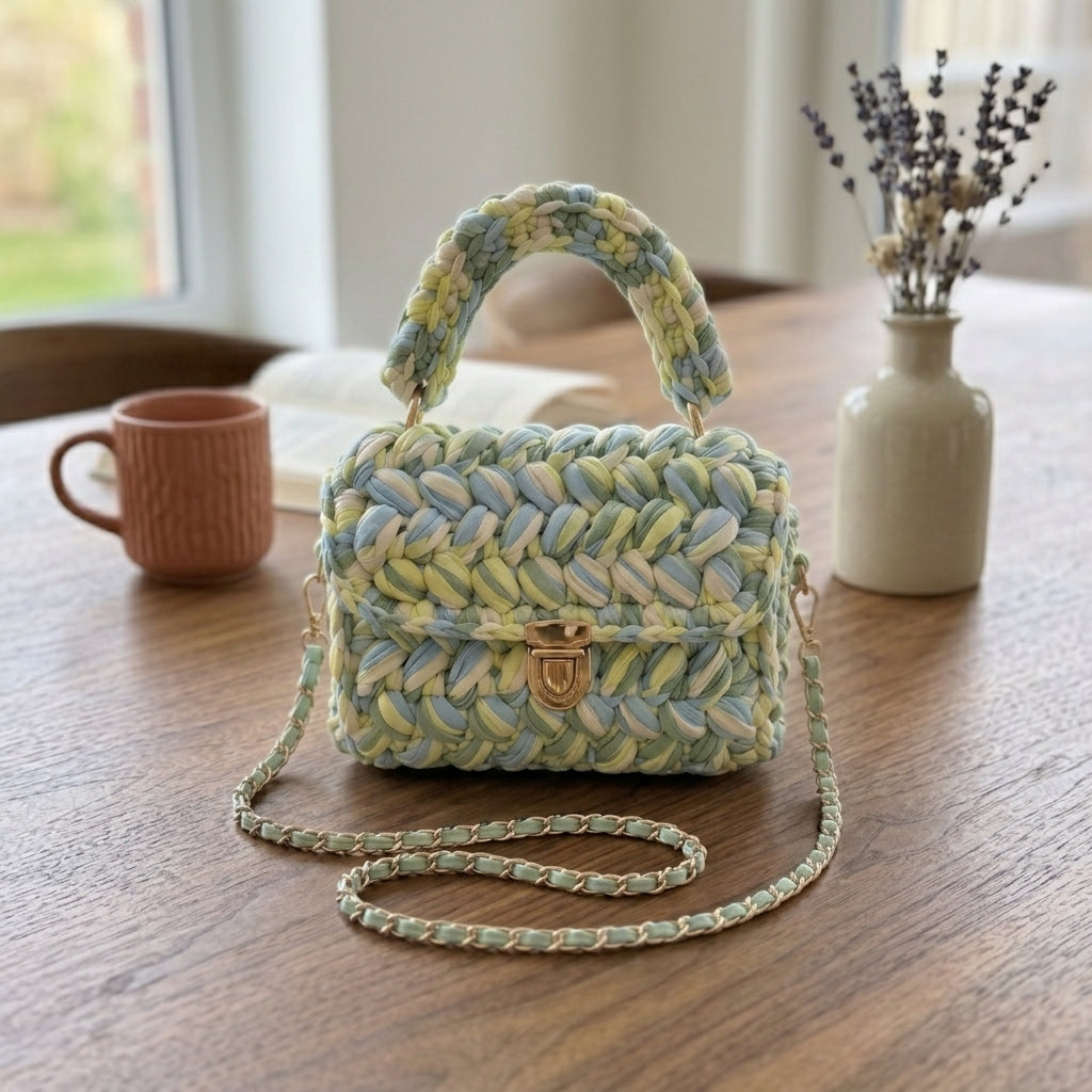 Handcrafted Puff Knit Top Handle Bag