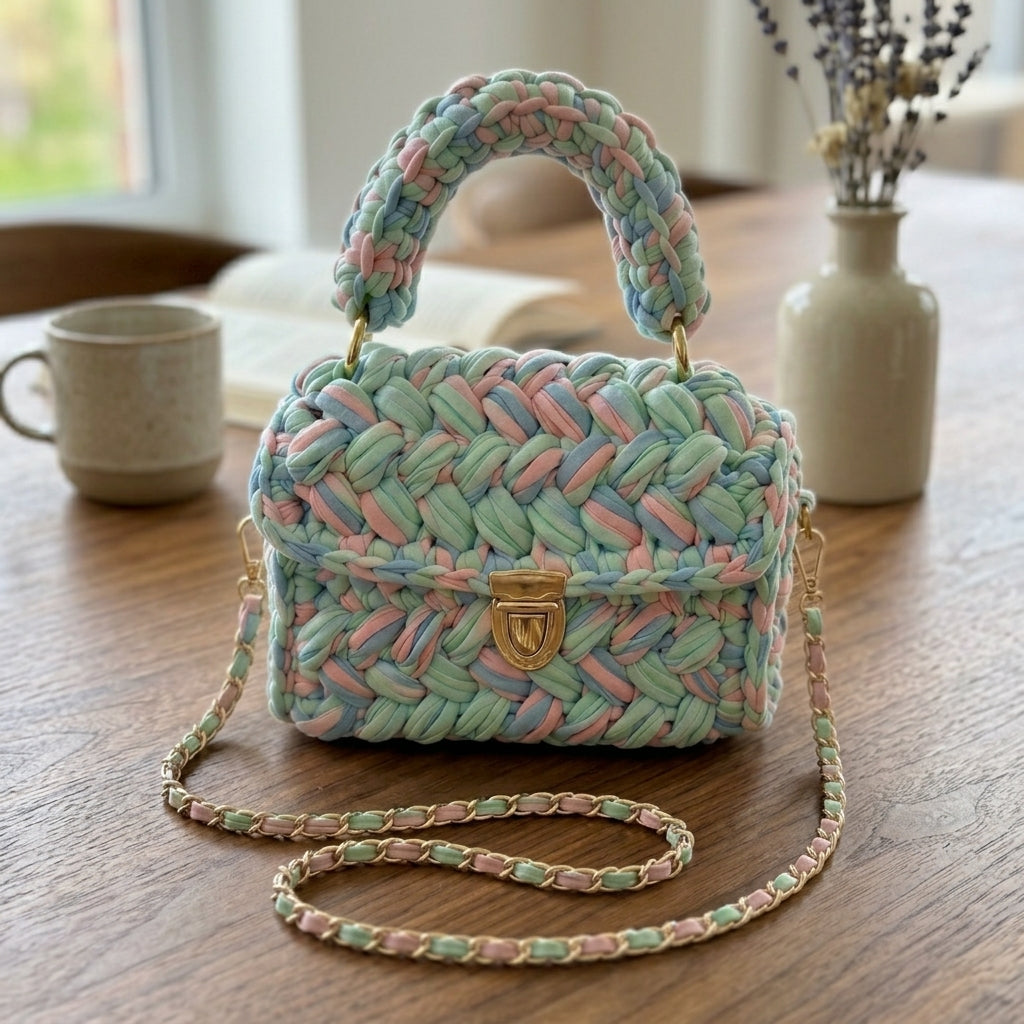 Handcrafted Puff Knit Top Handle Bag
