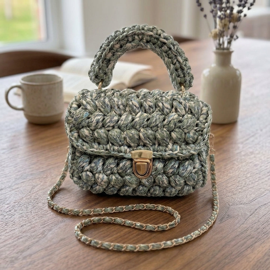 Handcrafted Puff Knit Top Handle Bag