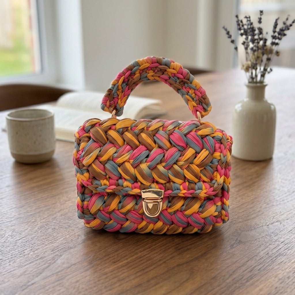 Handcrafted Puff Knit Top Handle Bag