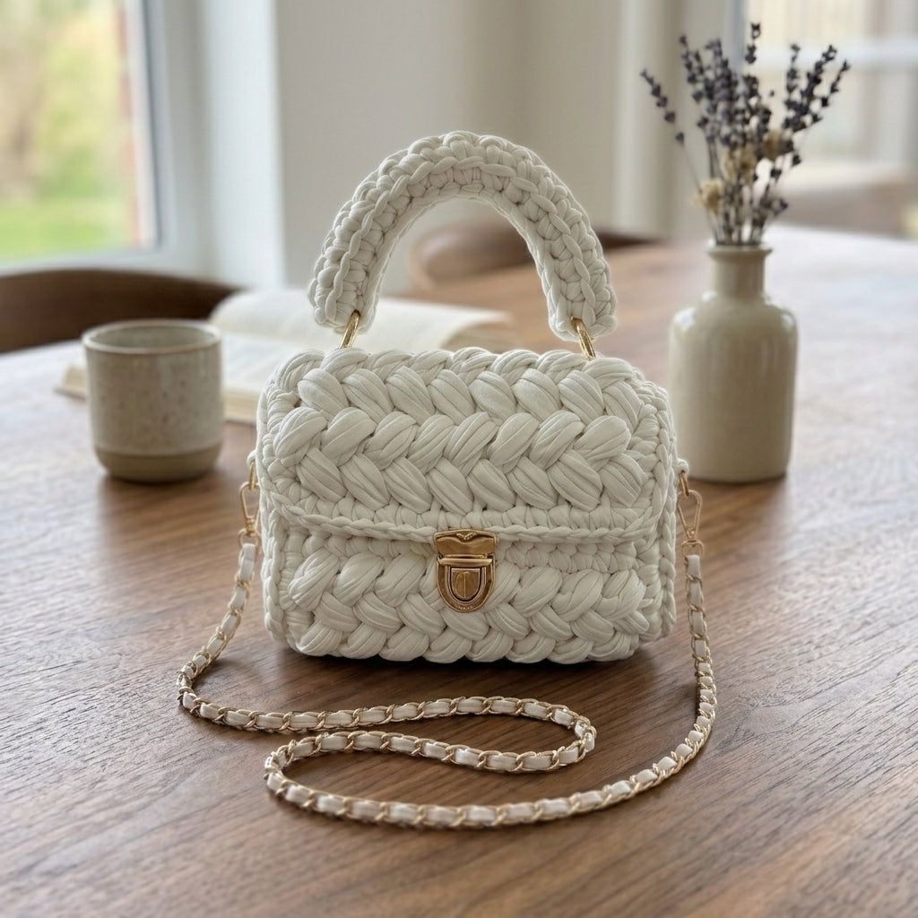 Handcrafted Puff Knit Top Handle Bag